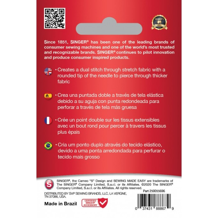 Singer 250055602 Aiguille double pour tissus élastiques Blister de 1 pc 4...