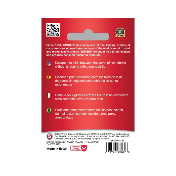 Singer 250056602 Aiguilles à pointe arrondie pour jersey Blister de 5 pièces...