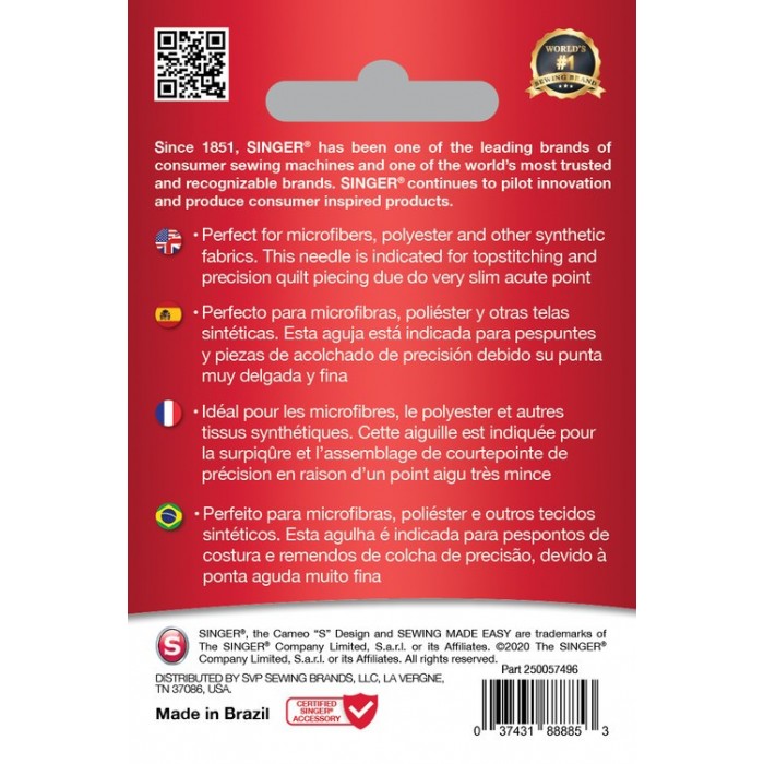 Singer 250057402 Aiguilles thermoformées Microtex de 5 pièces 60/08