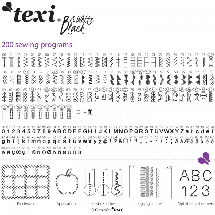 Texi machine à coudre électronique noir et blanc avec extension de base