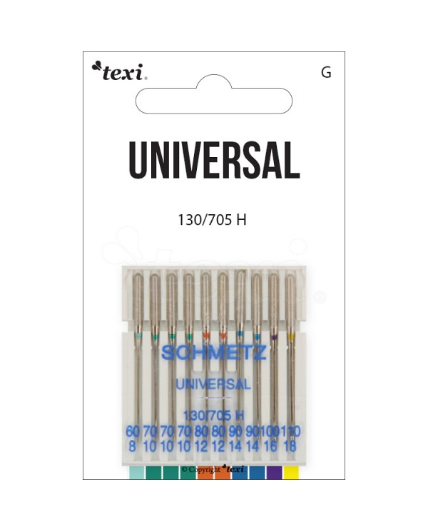 TEXI Aiguilles UNIVERSALI 130/705H 10 pcs jauge mixte 60x1, 70x3, 80x2, 90x2, 100x1, 110x1