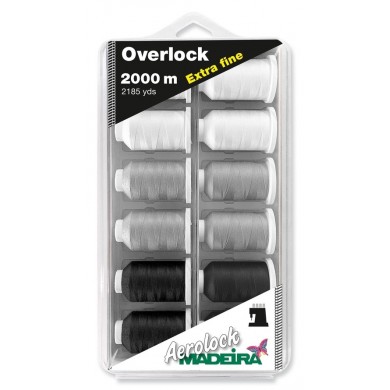 Box 12 filati per tagliacuci Madeira Aerolock n.180 2000 metri Overlock extra fine bianco e nero - 8090
