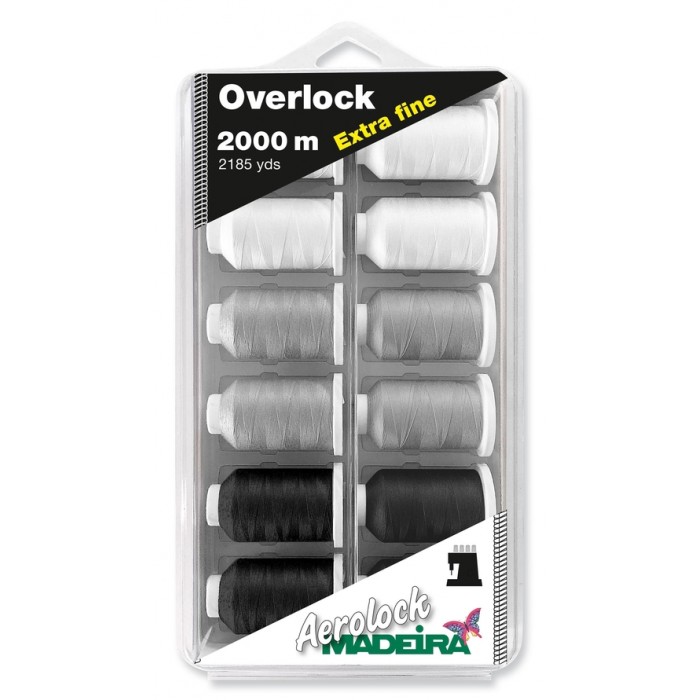 Box of 12 threads for sergers Madeira Aerolock n.180 2000 meters Overlock extra fine black and white - 8090