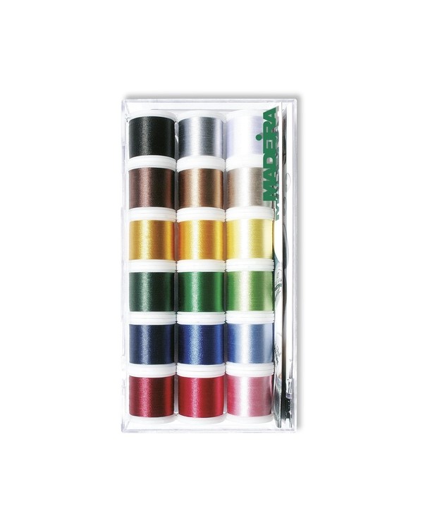 MADEIRA Transparent box with 18 Rayon embroidery threads 200 Mt. -...