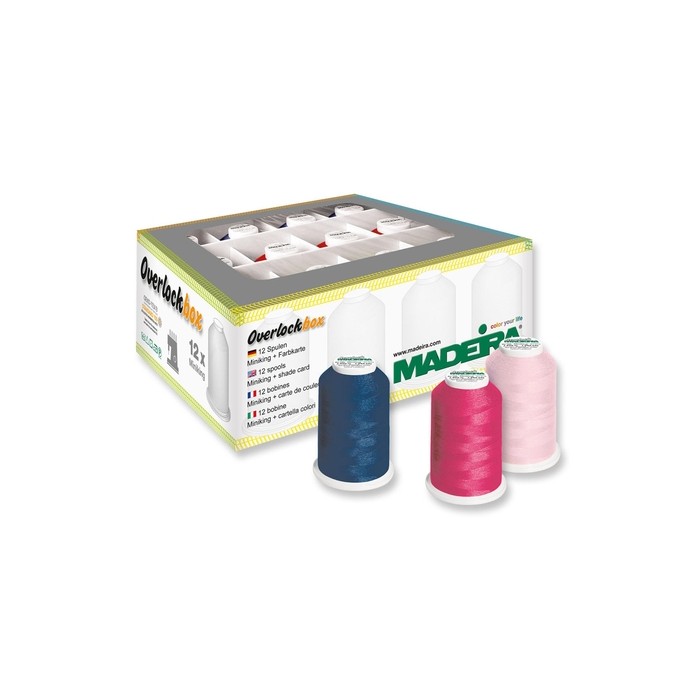MADEIRA Box 12 cones for serger cutters Aerolock - Aeroflock Blue Pink Red - 9202