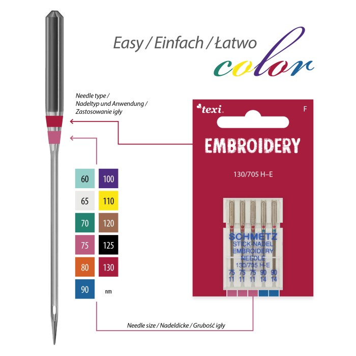 TEXI Needles EMBROIDERY 130/705 H-E 5 pcs, 3x75 and 2x90